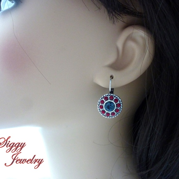 Swarovski Crystal Flower Earrings in Montana and Siam Red Antique Silver Finish - Picture 6 of 6